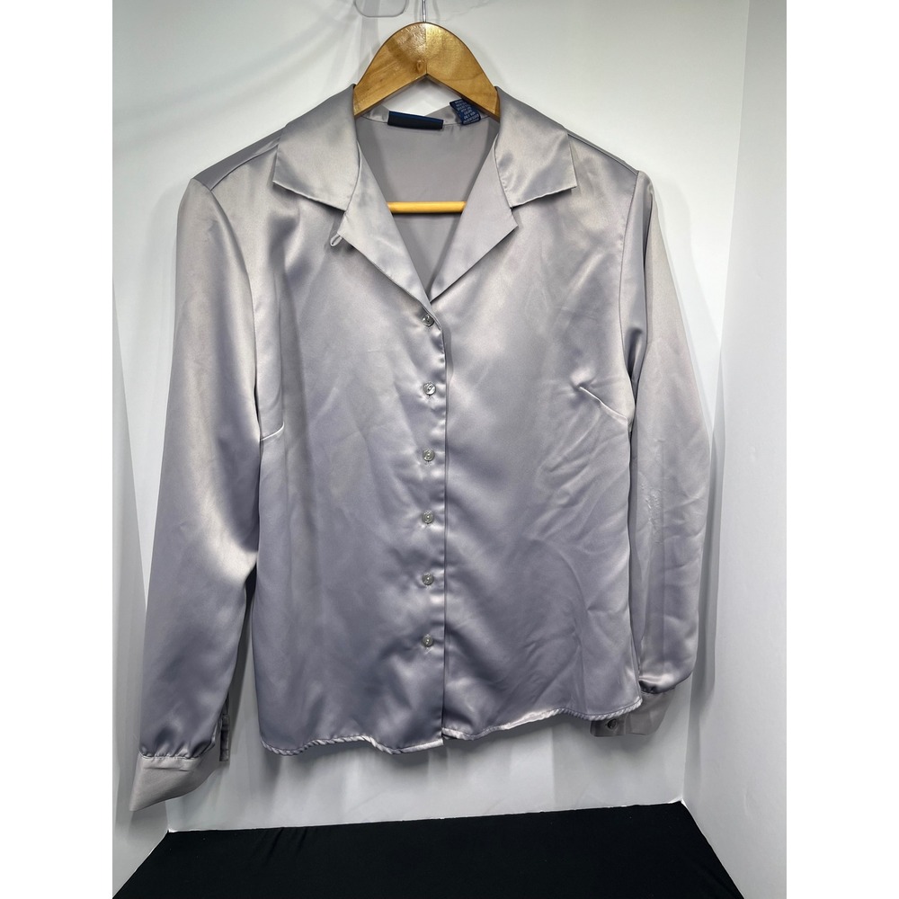 Karen Scott Silver Gray Satin Button Down Blouse Long Sleeve Top Womens Medium